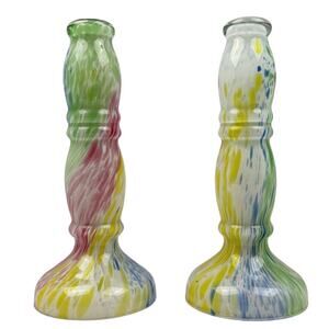 Murano Art Glass Candlesticks Pair Italian Hand Blown Multicolor 9" DIY Upcycle